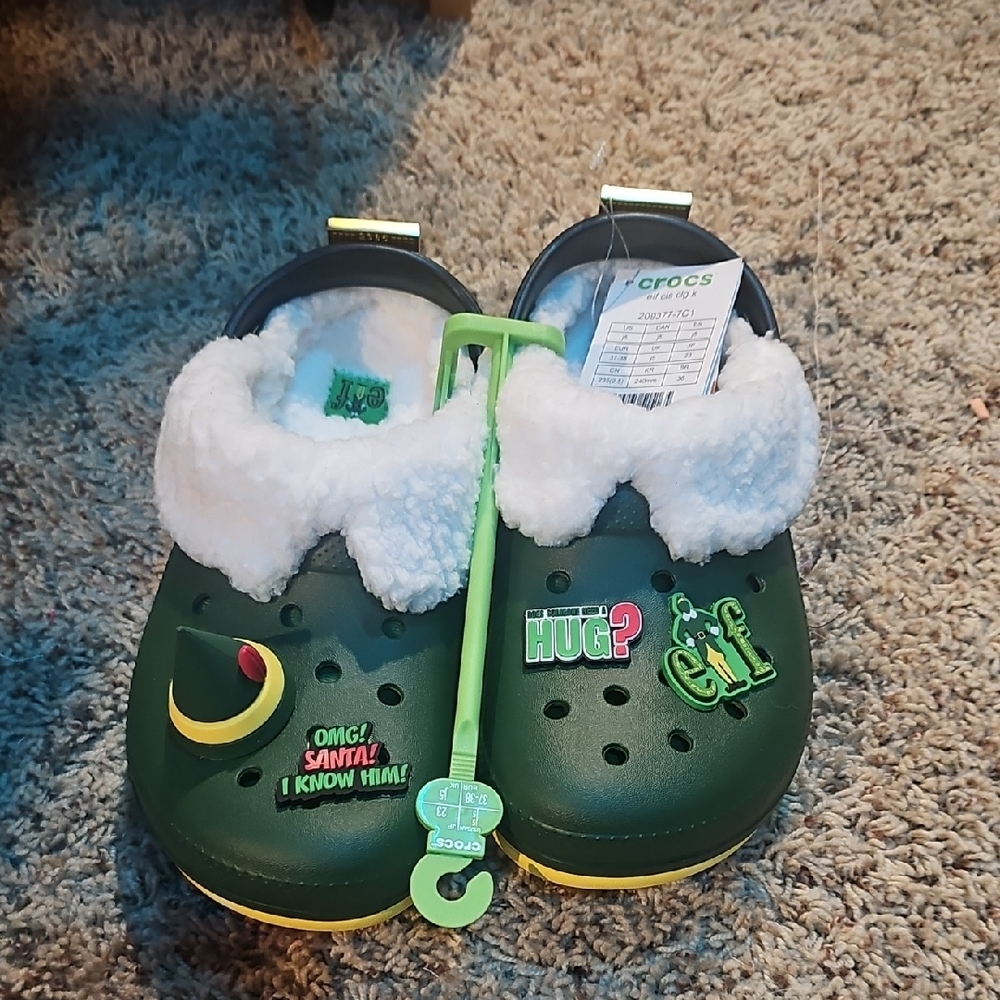CROCS Green and White Fleece-Lined Slippers